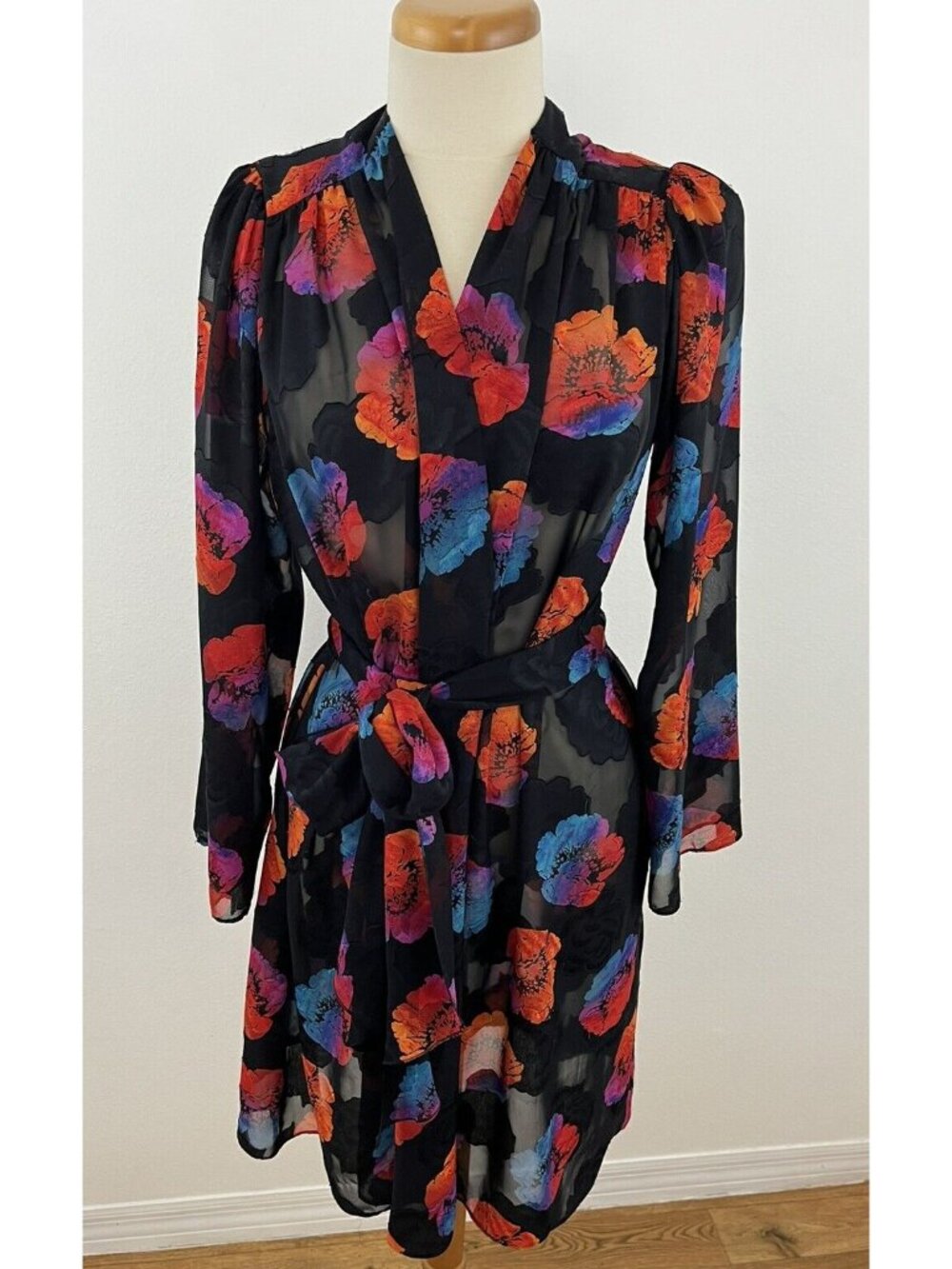Vintage Lucie Ann Bevery Hills Petite Robe Short Semi Sheer Floral Bold Bright